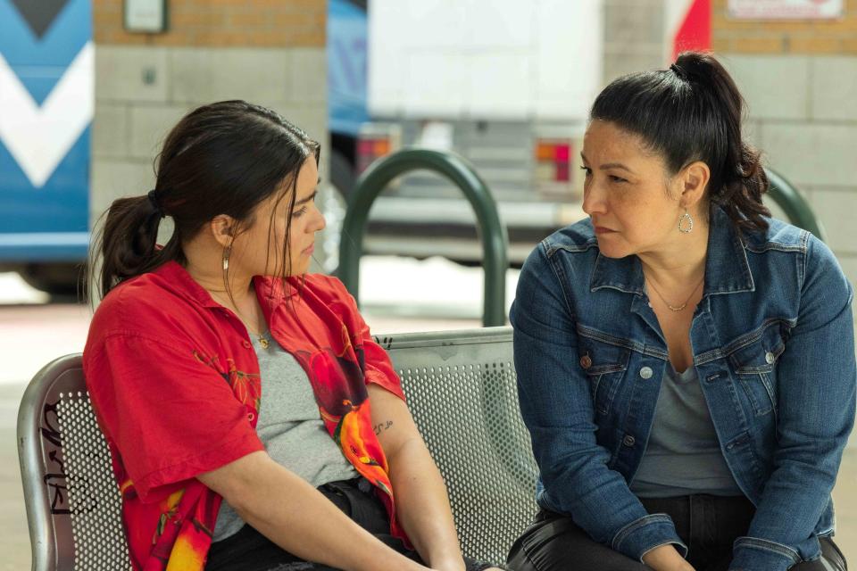 From left, Devery Jacobs stars as Elora Danan and Tamara Podemski as Teenie in "Bussin',” Season 3, Episode 1 of "Reservation Dogs."