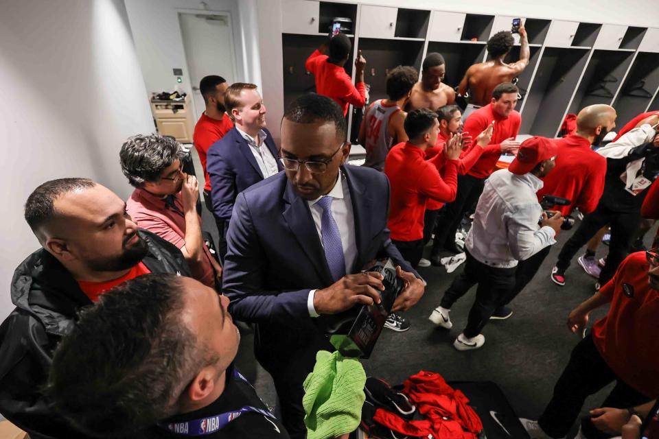 NBA G League President Shareef Abdur-Rahim in the locker room as Rio Grande Valley Vipers celebrates their 131-114 win over the Delaware Blue Coats in game two of the NBA G-league Finals.