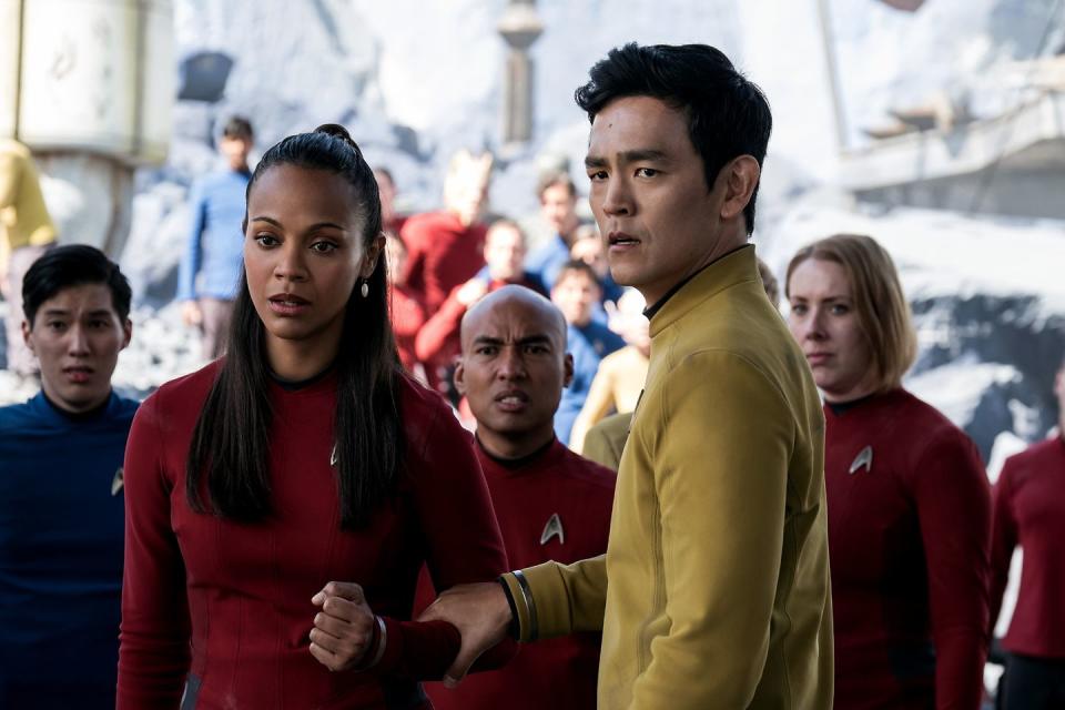 Zoe Saldana as Uhura and John Cho as Sulu in a still from Star Trek Beyond