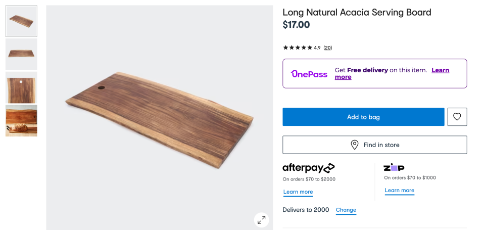 The online shopping page showing acacia serving boards, $17 from Kmart.