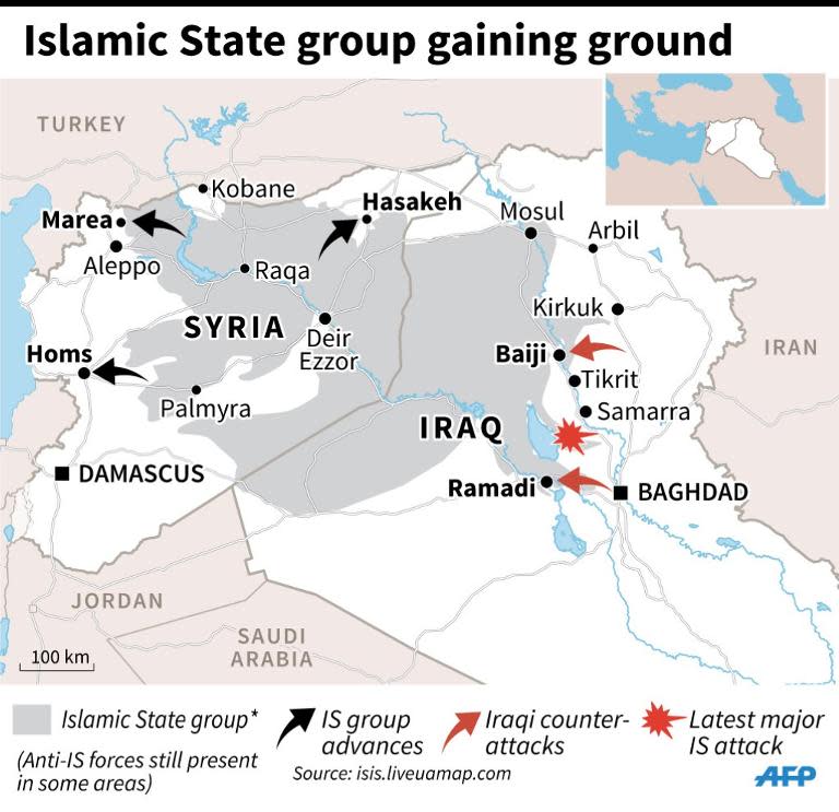 Map of Iraq, Syria, showing the extent of Islamic State group's presence