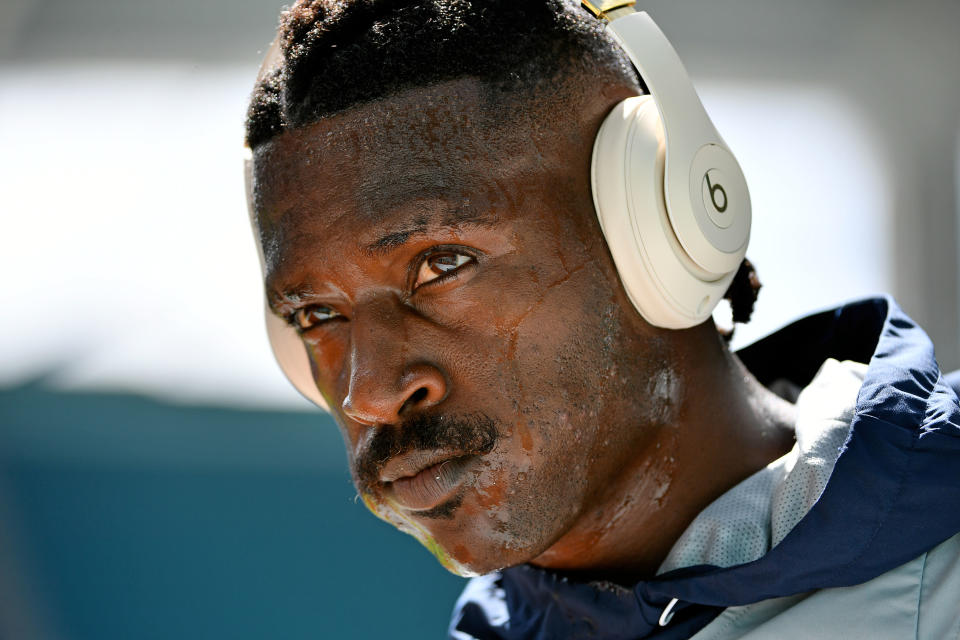 Sep 15, 2019; Miami Gardens, FL, USA; New England Patriots wide receiver Antonio Brown (17) warms up prior to the game against the Miami Dolphins at Hard Rock Stadium. Mandatory Credit: Jasen Vinlove-USA TODAY Sports