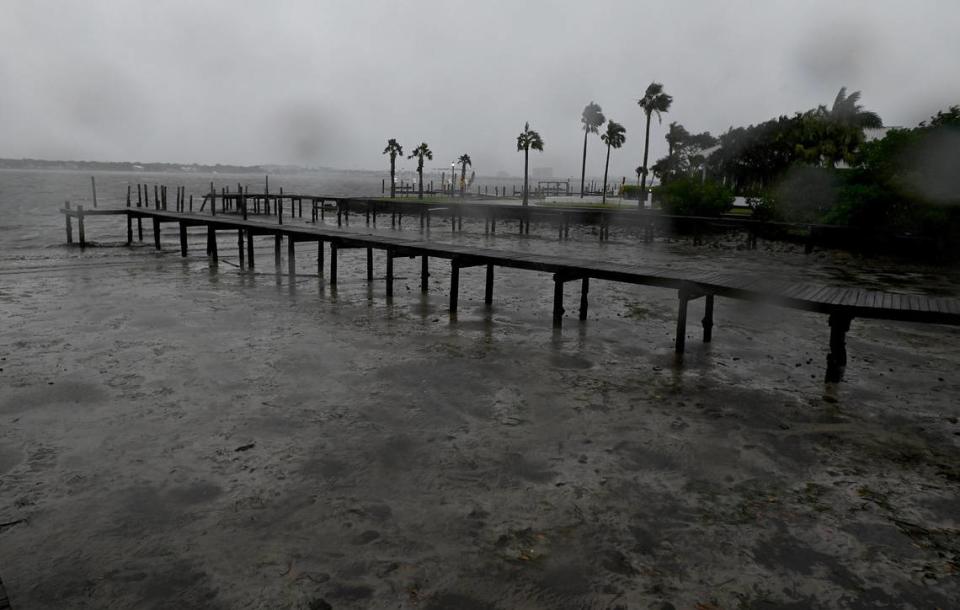 Water receded from the shoreline of the Manatee River on Riverview Blue as the winds picked up with the approach of Hurricane Ian in Bradenton on Sept. 28, 2022.