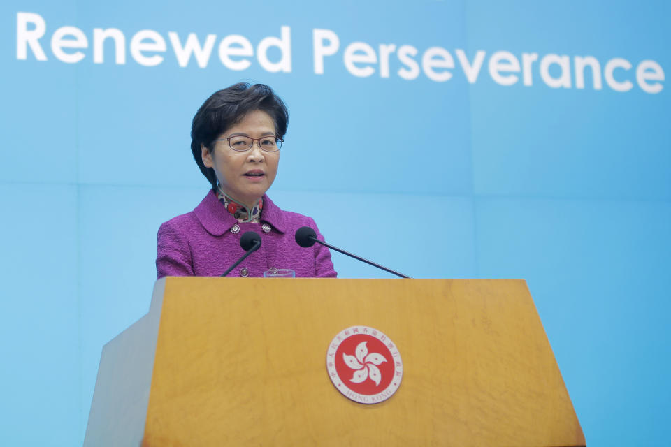 Hong Kong Chief Executive Carrie Lam speaks during a news conference after delivering her policy address in Hong Kong, Wednesday, Nov. 25, 2020. Lam lauded the city's new national security law on Wednesday as "remarkably effective in restoring stability," despite criticism that it is severely narrowing the space for free speech and political opposition in the semi-autonomous Chinese territory. (AP Photo/Kin Cheung)