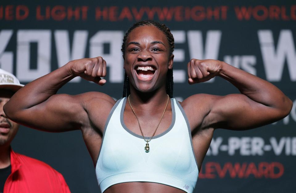 FILE - In this Nov. 18, 2016, file photo, Claressa Shields poses on the scale during a weigh-in in Las Vegas, for her super middleweight bout against Franchon Crews. The two-time Olympic gold medalist become the first woman to headline a fight card on premium cable when she fights Friday in Detroit on Showtime. (AP Photo/John Locher, File)