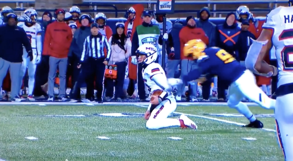 Toledo DE Terrance Taylor hit Northern Illinois quarterback Ross Bowers from behind well after he was already down. / Screenshot