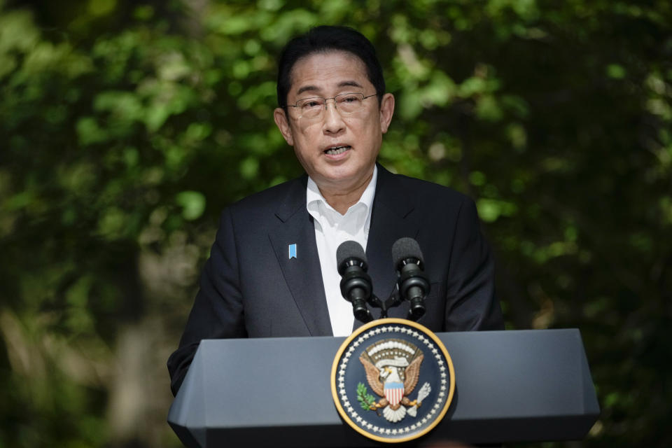 Japan's Prime Minister Fumio Kishida speaks during a joint news conference with President Joe Biden and South Korea's President Yoon Suk Yeol on Friday, Aug. 18, 2023, at Camp David, the presidential retreat, near Thurmont, Md. (AP Photo/Andrew Harnik)