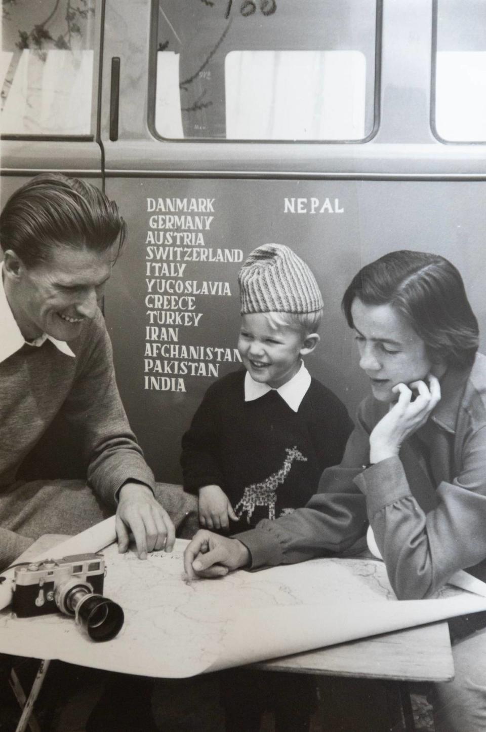 Schuyler Jones and his first wife, Lis Margot Sondergaard Rasmussen, and their son, Peter, outside the Volkswagen they traveled in from Denmark to Nepal.