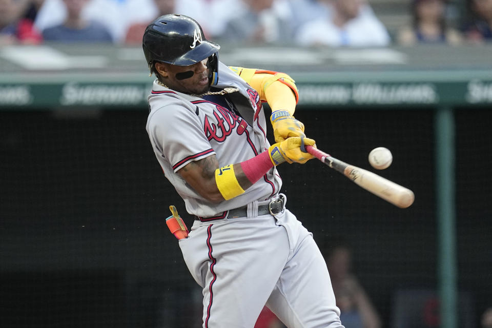 Atlanta Braves' Ronald Acuna Jr. singles against the Cleveland Guardians during the fourth inning of a baseball game Wednesday, July 5, 2023, in Cleveland. (AP Photo/Sue Ogrocki)