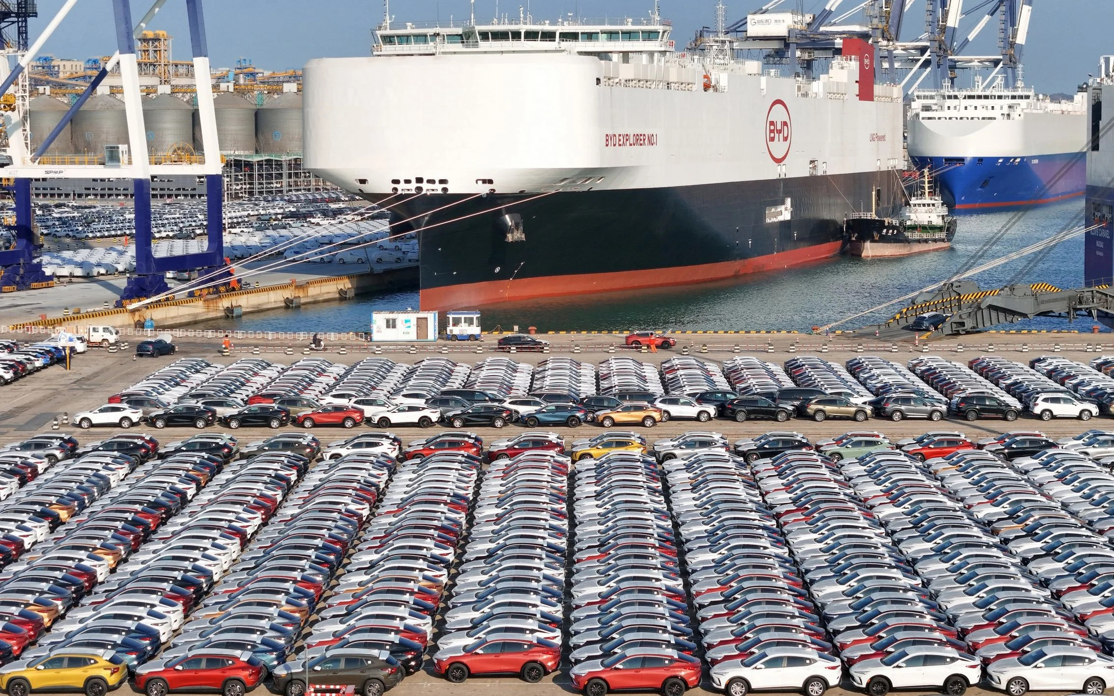 Chinese electric cars for export waiting to be loaded on the BYD Explorer