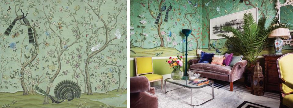 <p>One of the most iconic and storied chinoiseries, <a href="https://www.degournay.com/" rel="nofollow noopener" target="_blank" data-ylk="slk:de Gournay's;elm:context_link;itc:0;sec:content-canvas" class="link ">de Gournay's </a>St. Laurent was inspired by an antique set owned by the acclaimed fashion designer Yves Saint Laurent. Installed in Laurent's and Bergé's Paris apartment, the wallpaper was believed to have been depicted in <a href="https://www.amazon.com/How-They-Decorated-Inspiration-Twentieth/dp/0847847411" rel="nofollow noopener" target="_blank" data-ylk="slk:Cecil Beaton's famed watercolor portrait of Harrison and Mona Williams;elm:context_link;itc:0;sec:content-canvas" class="link ">Cecil Beaton's famed watercolor portrait of Harrison and Mona Williams</a> (later Mona Bismark) in their Palm Beach home. The Williams purchased the papers from interior designer Syrie Maugham in the 1930s, and they changed hands several times before landing in Yves Saint Laurent's possession for good.<br></p>