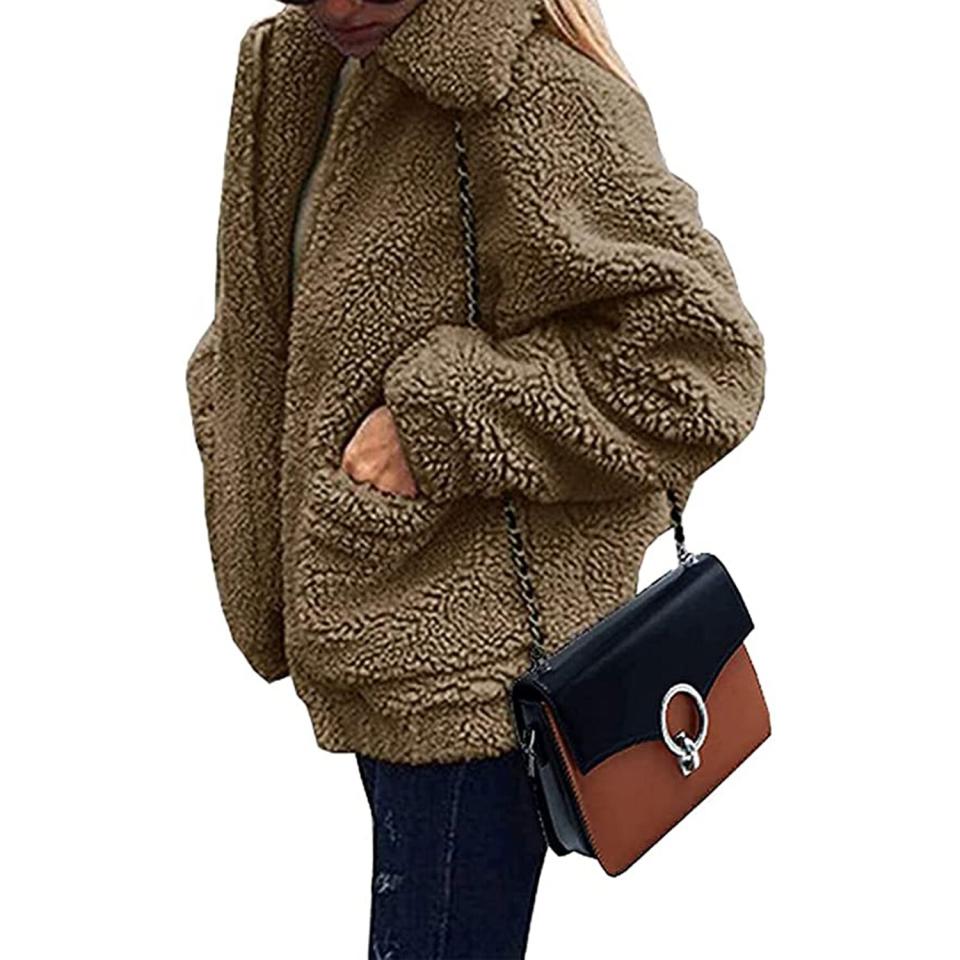 PRETTYGARDEN Women's Fashion Long Sleeve Lapel Zip Up Faux Shearling Shaggy Oversized Coat