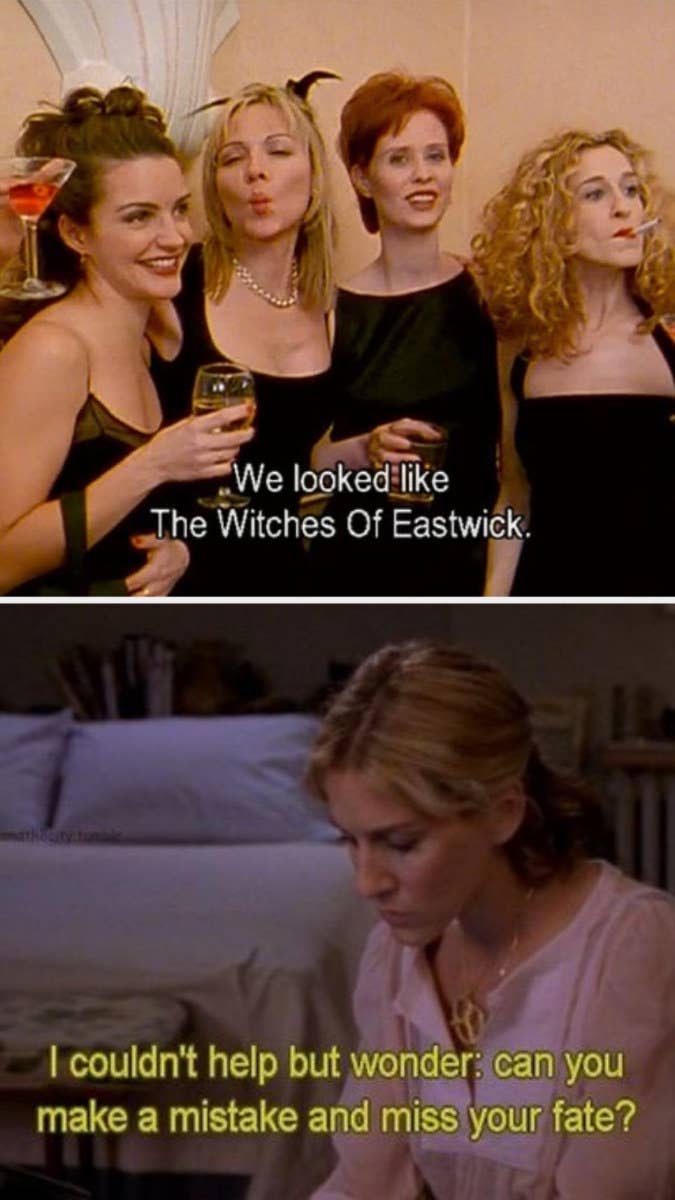 Carrie, Miranda, Charlotte, and Samantha wearing black at a wedding; Carrie: "I couldn't help but wonder: Can you make a mistake and miss your fate?"