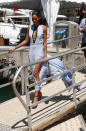 Iman’s baby blue dress strikes just the balance between sexy and sea-ready. She might be headed to a party, but throw on some gladiator sandals and she could easily spend the day boating around the Mediterranean.