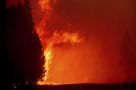 Flames leap above a fire vehicle on Highway 89 as the Dixie Fire burns towards Chester, Calif., on Wednesday, Aug. 4, 2021. The region is under red flag fire warnings due to dry, windy conditions. (AP Photo/Noah Berger)