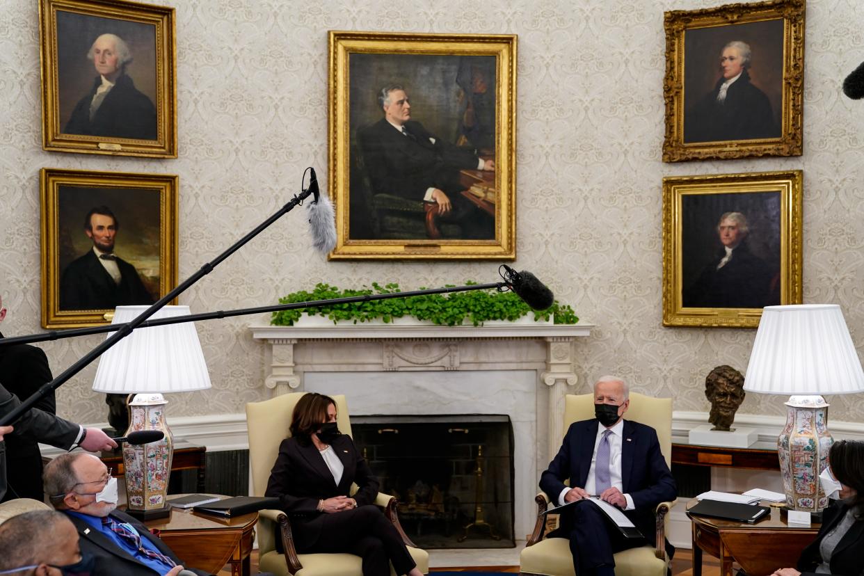 President Joe Biden and Vice President Kamala Harris meet with members of Congress in the Oval Office on April 12 to discuss the American Jobs Plan, the administration's infrastructure proposal.