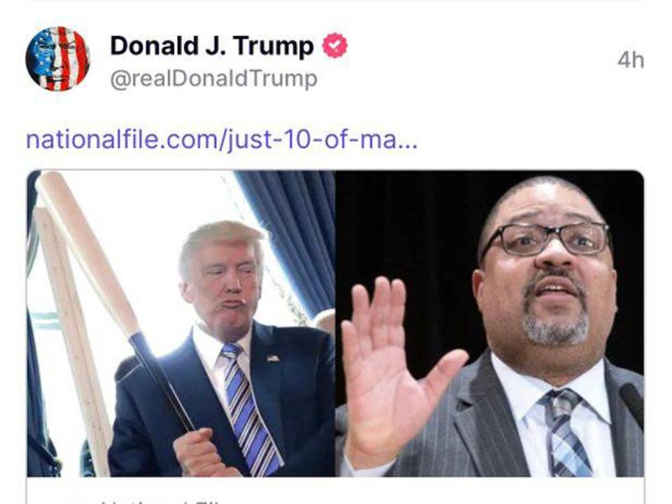 Donald Trump posts article featuring picture of him holding baseball bat to Alvin Bragg’s head (Truth Social)