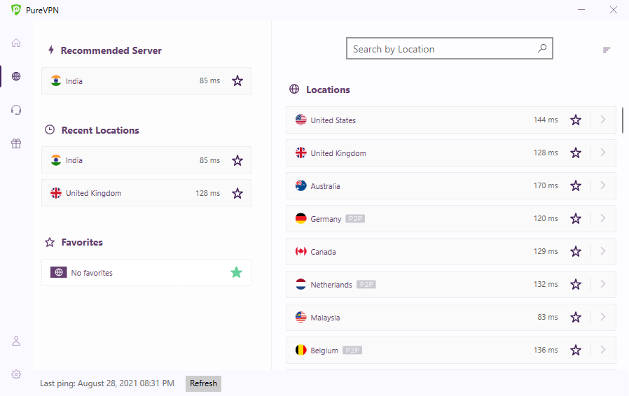 PureVPN review app showing locations