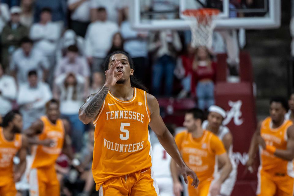 Tennessee guard Zakai Zeigler (5) reacts after making a three-point basket during the second half against Alabama, Saturday, March 2, 2024, in Tuscaloosa, Ala.