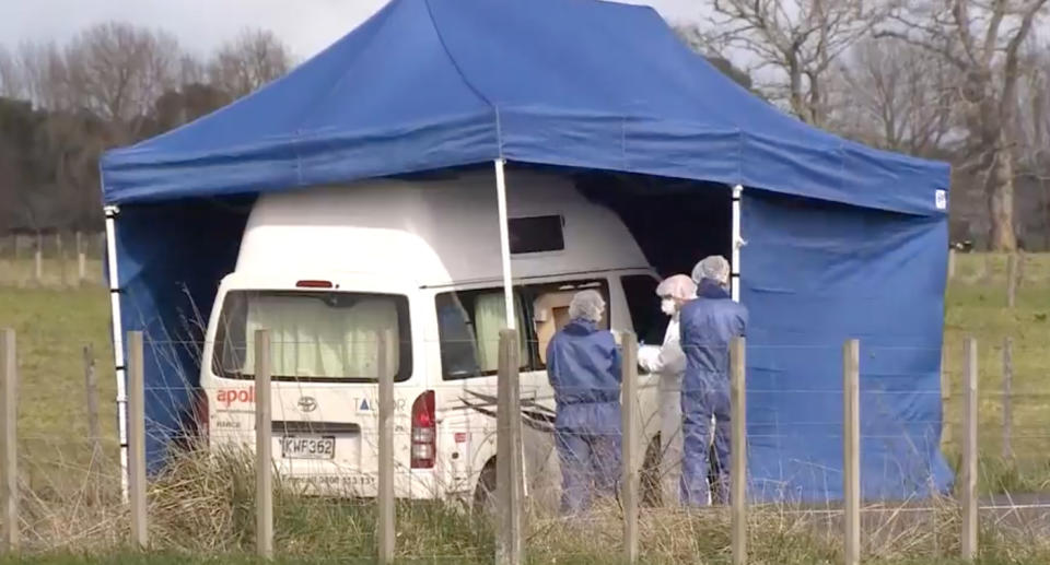 Police inspect a campervan that was discovered on Gordonton Road, near Raglan in Waikato, New Zealand. Source: 1 News Now