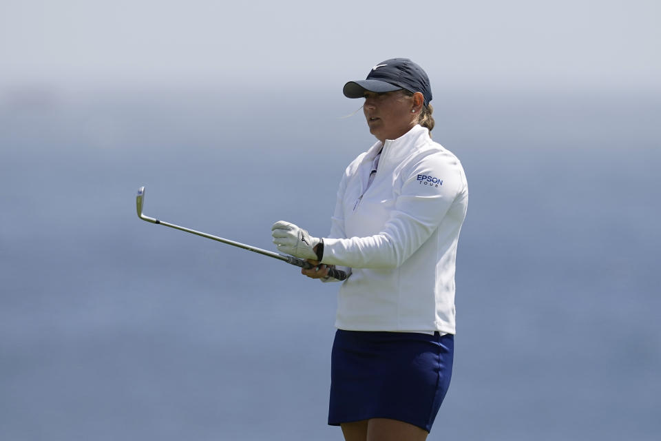 Bailey Tardy prepares to hit on the eighth hole during the third round of the U.S. Women's Open golf tournament at the Pebble Beach Golf Links, Saturday, July 8, 2023, in Pebble Beach, Calif. (AP Photo/Darron Cummings)