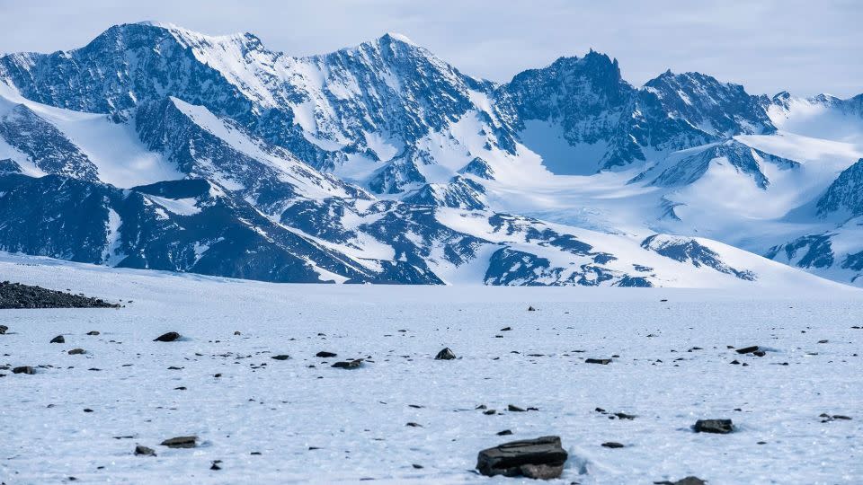 Die Antarktis ist ein beliebter Ort für die Meteoritenjagd.  Während der Feldmission des Chilenischen Antarktisinstituts 2022 zum Union Glacier in den Ellsworth Mountains tauchen in einem Gebiet mit blauem Eis reichlich Erdsteine ​​auf.  - José Jorquera (Antarctica.cl)/Universität Santiago;  Chile