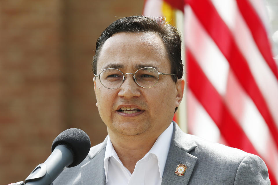 FILE - In this Aug. 22, 2019 file photo, Cherokee Nation Principal Chief Chuck Hoskin speaks during a news conference in Tahlequah, Okla. Two of the most powerful Native American tribes in Oklahoma said Monday, May 10, 2021 they've reached an agreement on federal legislation that would address concerns over criminal jurisdiction in light of a recent U.S. Supreme Court decision. (AP Photo/Sue Ogrocki, file)