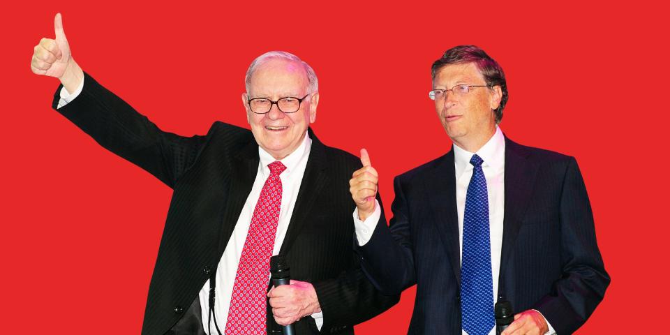 Warren Buffett and Bill Gates wearing suits on a red background with their thumbs up.