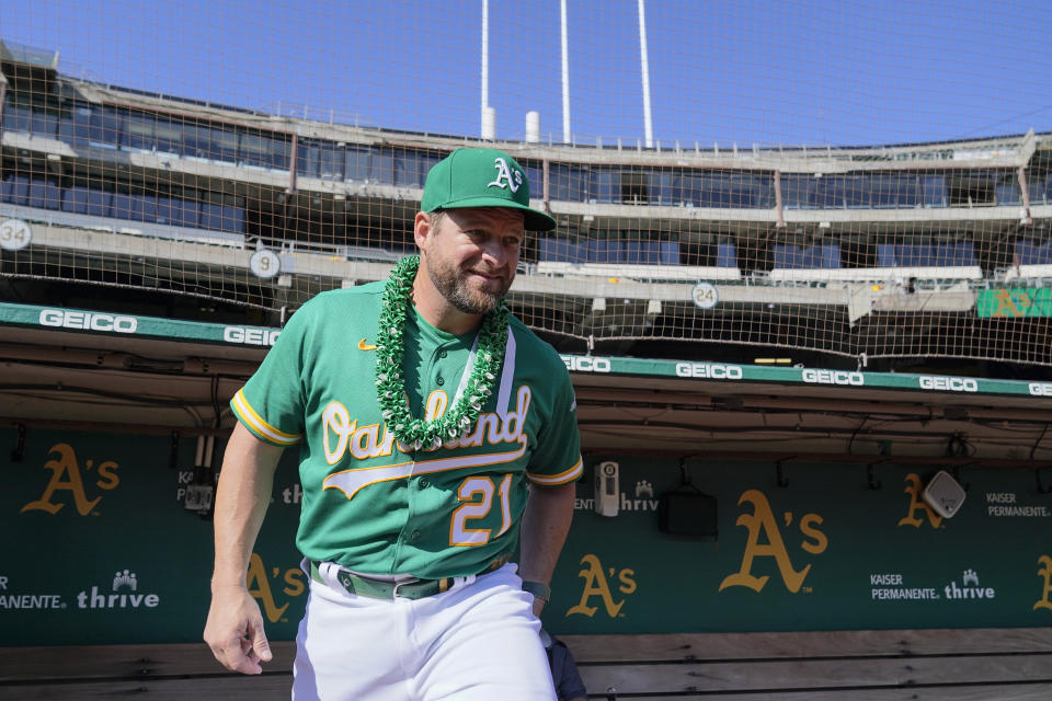 FILE - Oakland Athletics' Stephen Vogt steps on the field before a baseball game against the Los Angeles Angels in Oakland, Calif., Wednesday, Oct. 5, 2022. The Cleveland Guardians have hired Stephen Vogt, a journeyman catcher with no managerial experience, as their new manager to replace Terry Francona, the team announced Monday, Nov. 6, 2023. Vogt was Seattle’s bullpen coach last season.(AP Photo/Godofredo A. Vásquez, File)