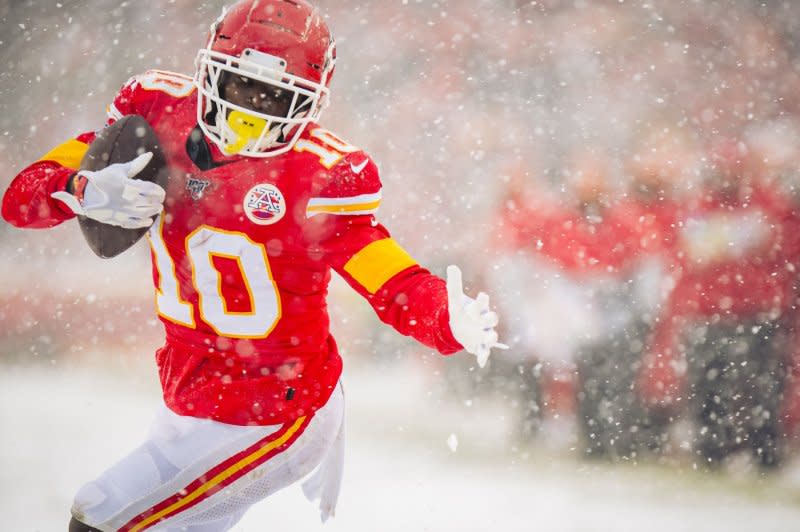 Star wide receiver Tyreek Hill will face his former team, the Kansas City Chiefs, for the first time since he was traded to the Miami Dolphins in 2022 on Sunday in Frankfurt, Germany. File Photo by Kyle Rivas/UPI