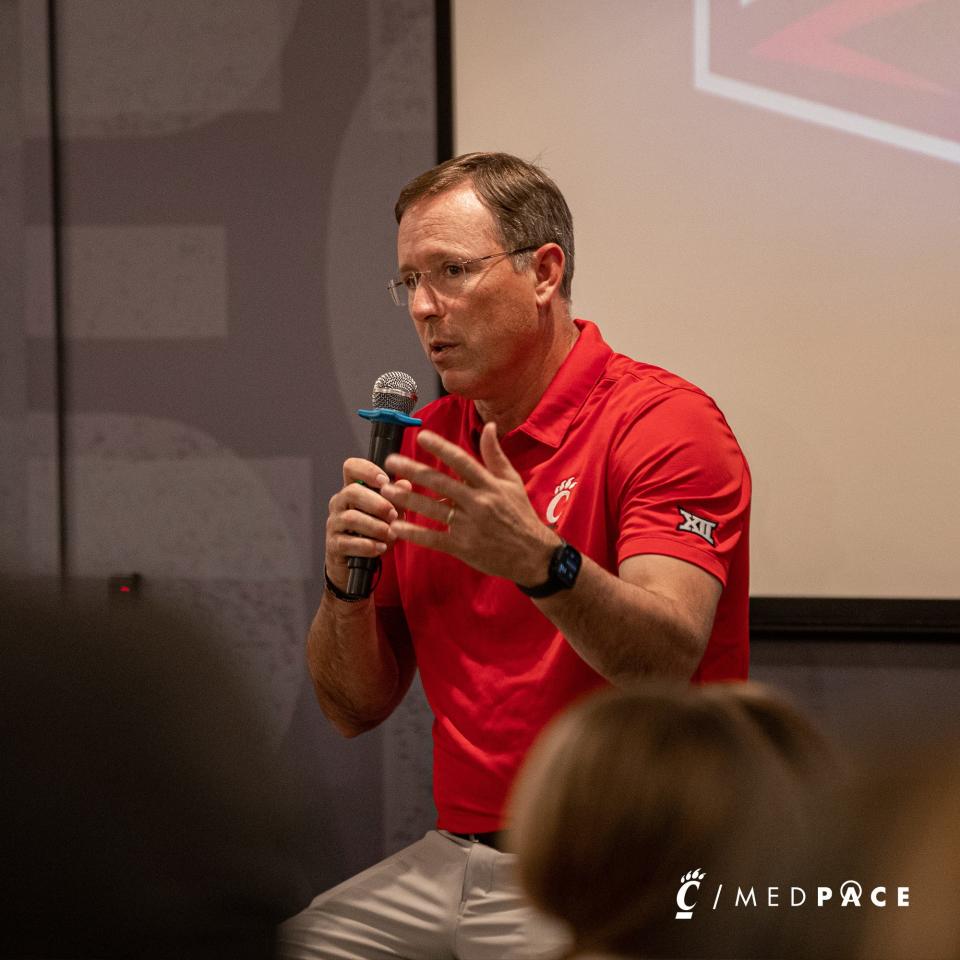 UC football coach Scott Satterfield speaks to the crowd at the Bearcats Big 12 rally in Columbus.