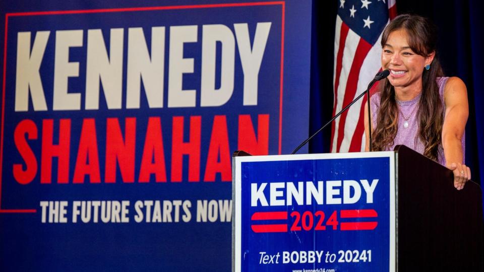 PHOTO: Independent Vice Presidential running mate, Nicole Shanahan speaks to attendees during a campaign rally at Brazos Hall on May 13, 2024 in Austin, Texas. (Brandon Bell/Getty Images)