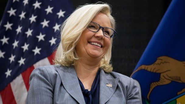 PHOTO: Rep. Liz Cheney campaigns with Democratic Rep. Elissa Slotkin at an Evening for Patriotism and Bipartisanship event on Nov. 1, 2022, in East Lansing, Mich. (Bill Pugliano/Getty Images)