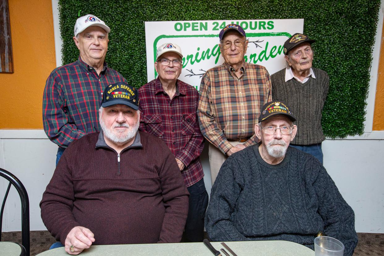 Back row, from left, Gaylord Carlson, DuWayne Stanis, Chuck Lindstrom and Duane Elmers, seated from left, John Scott and Steve Hall pose for a photo on Wednesday, Nov. 16, 2022, at Spring Garden Family Restaurant in Loves Park.