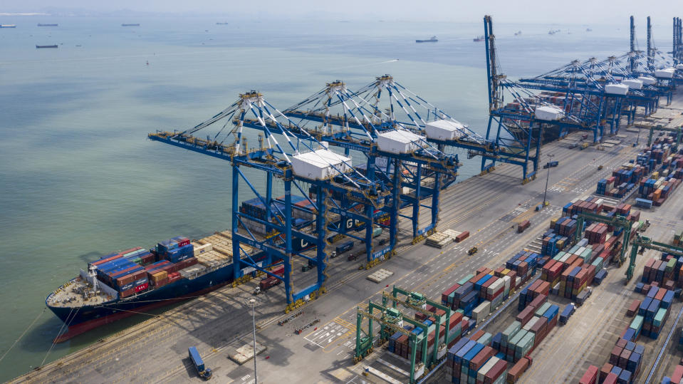 GUANGZHOU, CHINA - FEBRUARY 23: Aerial view of containers at the Port of Nansha on February 23, 2020 in Guangzhou, Guangdong Province of China. (Photo by VCG/VCG via Getty Images)