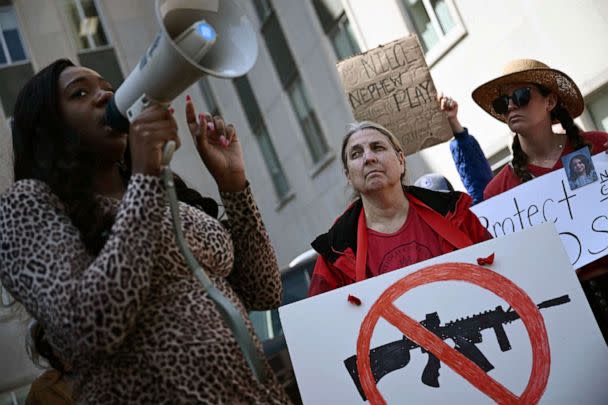 PHOTO: Gun control activists rally in Nashville, March 28, 2023, following a school shooting, where three students and three staff members were killed on March 27. (Brendan Smialowski/AFP via Getty Images)