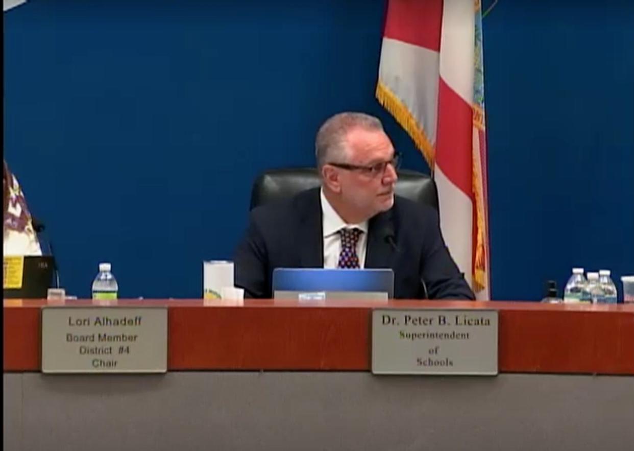 Peter Licata at a Broward County School board meeting on April 16, 2024. Licata announced he would be retiring after nine months on the job.