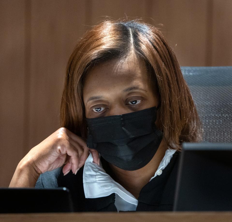 Marion Superior Judge Shatrese Flowers listens to testimony during the jury trial of Nakeyah Shields, Alijah Jones and Marcus Jayon Anderson, Tuesday, May 23, 2023 at the Community Justice Campus in Indianapolis.