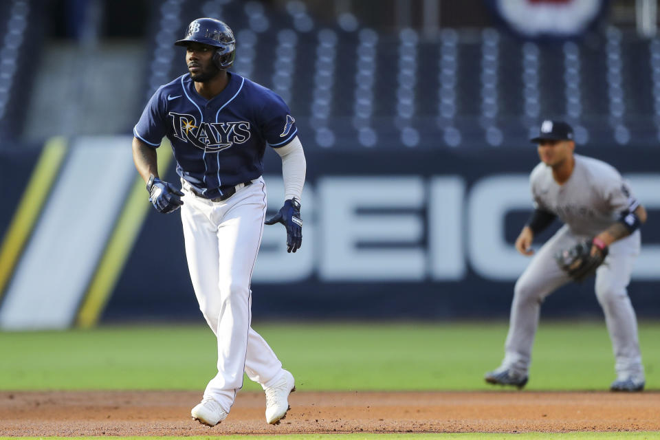 SAN DIEGO, CA - OCTOBER 09:  Randy Arozarena #56 of the Tampa Bay Rays takes a lead off first base during Game 5 of the ALDS between the New York Yankees and the Tampa Bay Rays at Petco Park on Friday, October 9, 2020 in San Diego, California. (Photo by Alex Trautwig/MLB Photos via Getty Images)