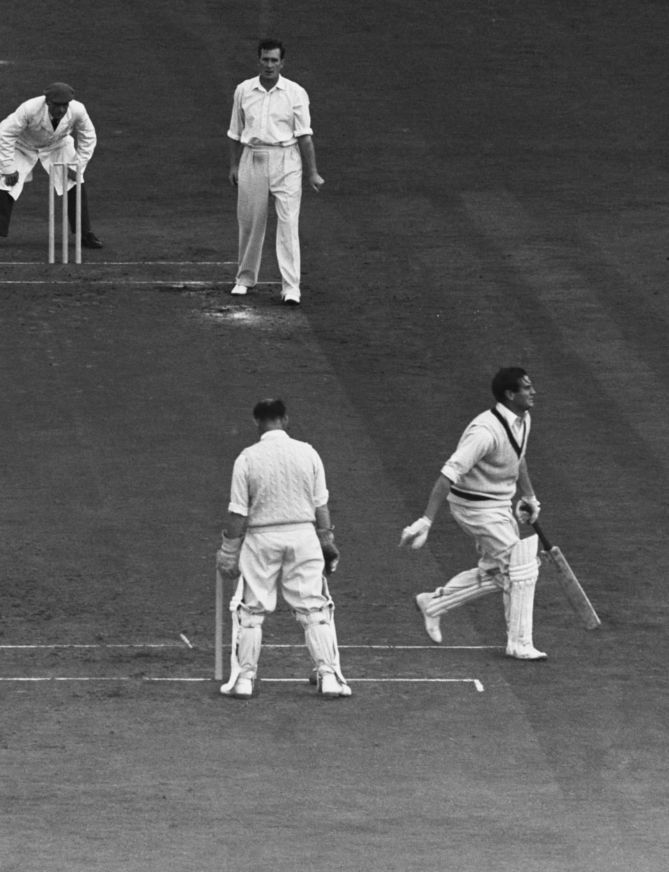 Jim Laker takes the wicket of Keith Miller – one of his 19 victims in THAT 1956 Oval Test