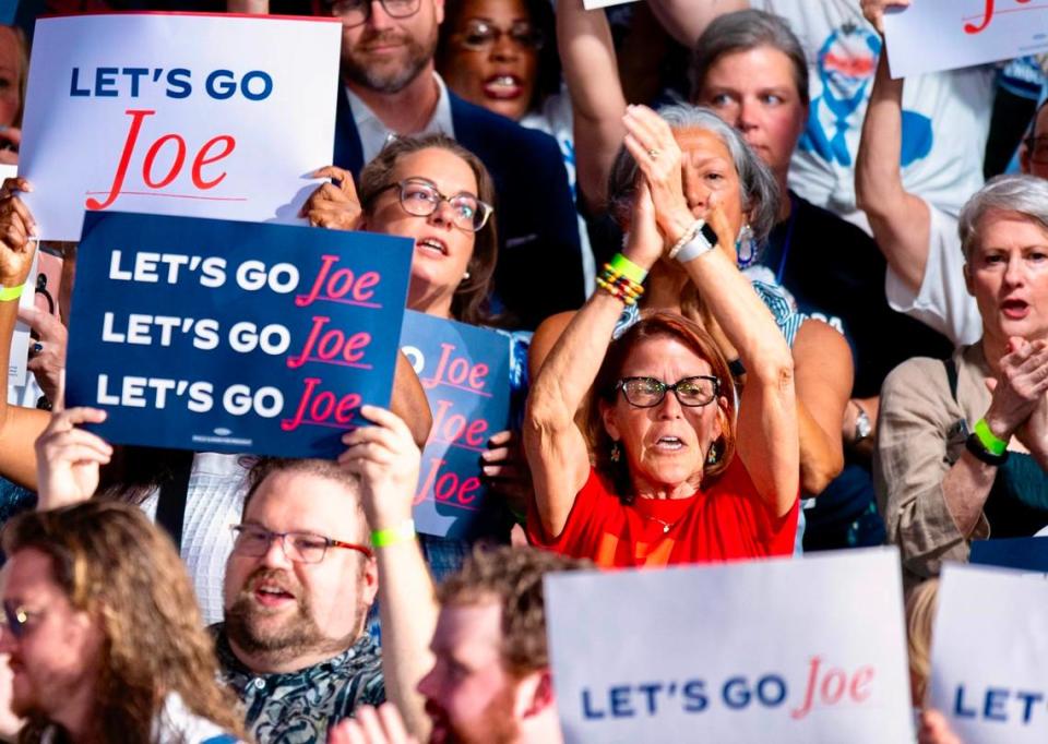 Supporters of President Joe Biden gather at a campaign event at the Jim Graham building at the North Carolina State Fairgrounds in Raleigh on Friday June 28, 2024.