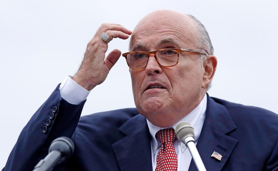 FILE - In this Aug. 1, 2018 file photo, Rudy Giuliani, attorney for President Donald Trump, addresses a gathering during a campaign event in Portsmouth, N.H. House committees have subpoena Giuliani for documents related to Ukraine. (AP Photo/Charles Krupa, File ) ORG XMIT: WX105