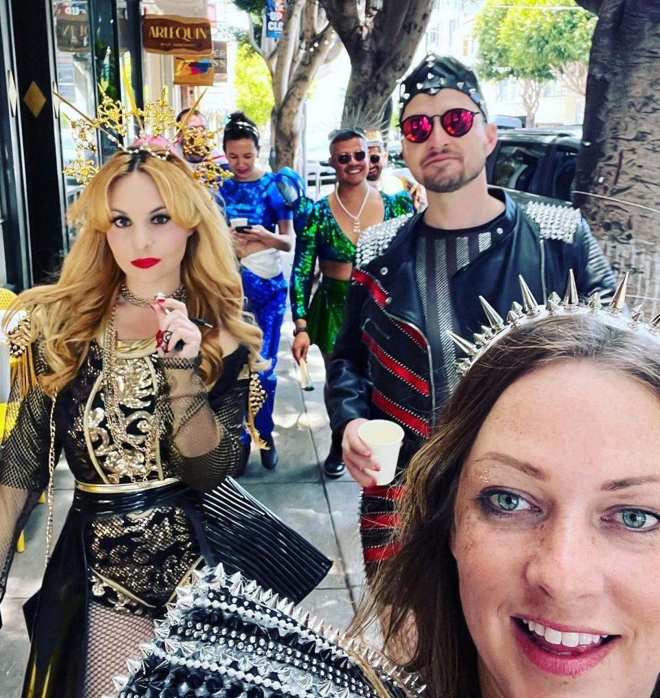 On the left, Helena Levin [Catherine of Aragon], the Social Butterfly columnist Kristi K. Higgins's niece Chelsea Rewerts [Jane Seymour] and nephew Zachary Eggers [Anna of Cleves] as well as other friends dress as characters from the musical Six in May 2023 in San Francisco, Calif. Rewerts is on the right and her brother is directly behind her.