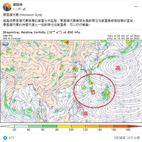 中央氣象局長鄭明典在臉書分享季風環流圈氣壓分布。   圖：擷取自鄭明典臉書