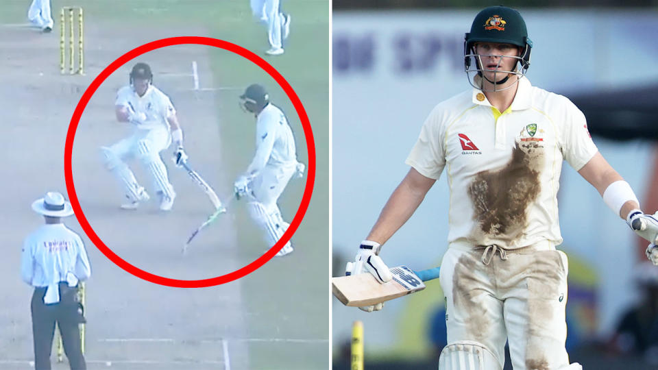 Steve Smith was filthy with Usman Khawaja after a calamitous run out against Sri Lanka in the first Test. Pic: Fox Sports/Getty