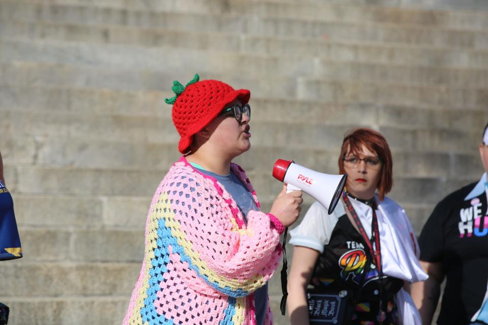 Ian Benalcázar, a 13-year-old transgender male from Lawrence, speaks at a rally in support of transgender rights Friday at the Statehouse.