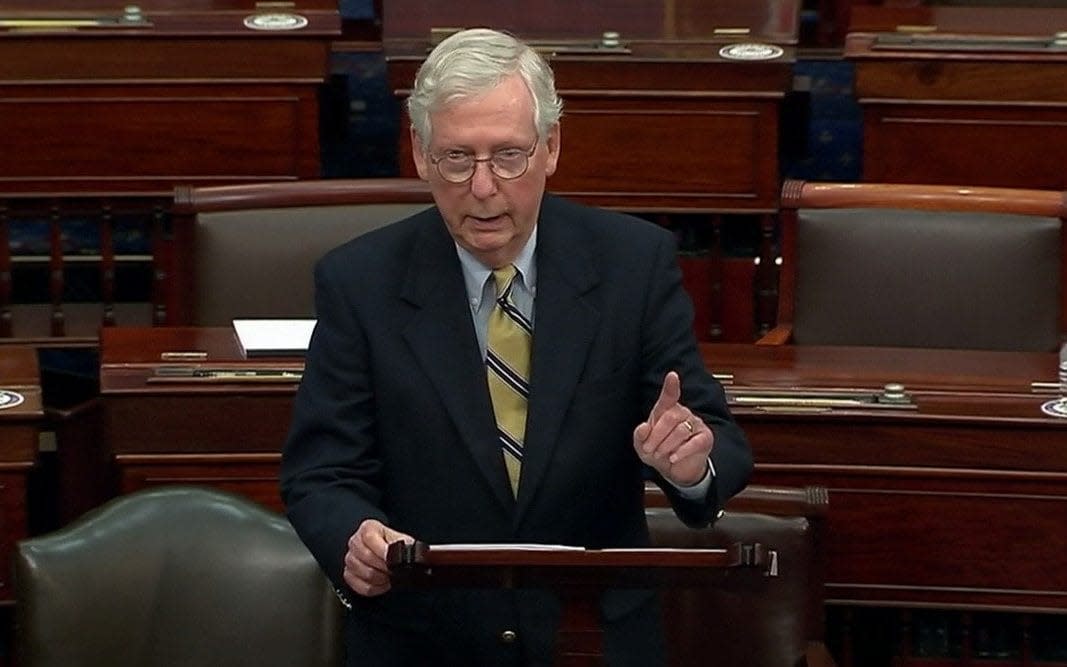 Mitch McConnell speaks about Donald Trump, accusing him of dereliction of duty, immediately after the Senate voted to acquit - U.S. Senate TV via REUTERS