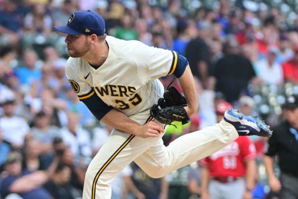 Jul 25, 2023; Milwaukee, Wisconsin, USA; Milwaukee Brewers pitcher Corbin Burnes (39) pitches against the Cincinnati Reds in the first inning at American Family Field. Mandatory Credit: Benny Sieu-USA TODAY Sports