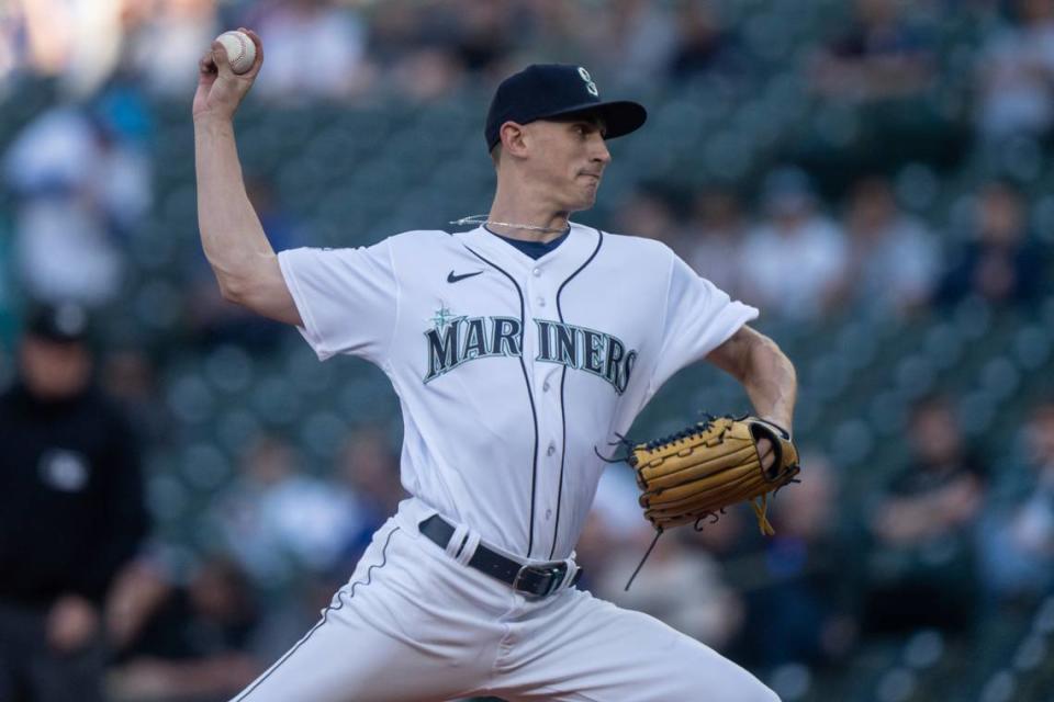 Seattle Mariners starter George Kirby delivers a pitch during a baseball game against the Texas Rangers, Tuesday, May 9, 2023, in Seattle. The Mariners won 5-0. (AP Photo/Stephen Brashear) Stephen Brashear/AP