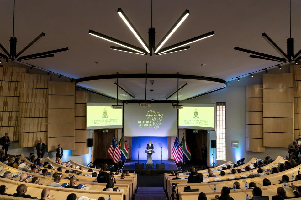 Secretary of State Antony Blinken gives a speech on the U.S. Africa Strategy at the University of Pretoria's Future Africa Campus in Pretoria, South Africa, Monday, Aug. 8, 2022. Blinken is on a ten day trip to Cambodia, Philippines, South Africa, Congo, and Rwanda. (AP Photo/Andrew Harnik, Pool)